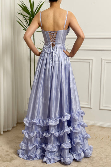 Lavender A Line Spaghetti Straps Ruffles Prom Dress with Slit